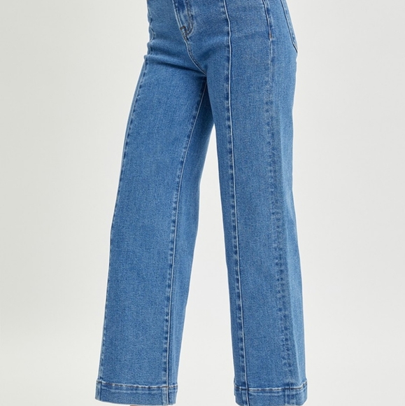 RISEN High-Rise Waist Blue Jeans Retro Wide Leg Front Seam Boyfriend Denim Pants - Picture 14 of 16